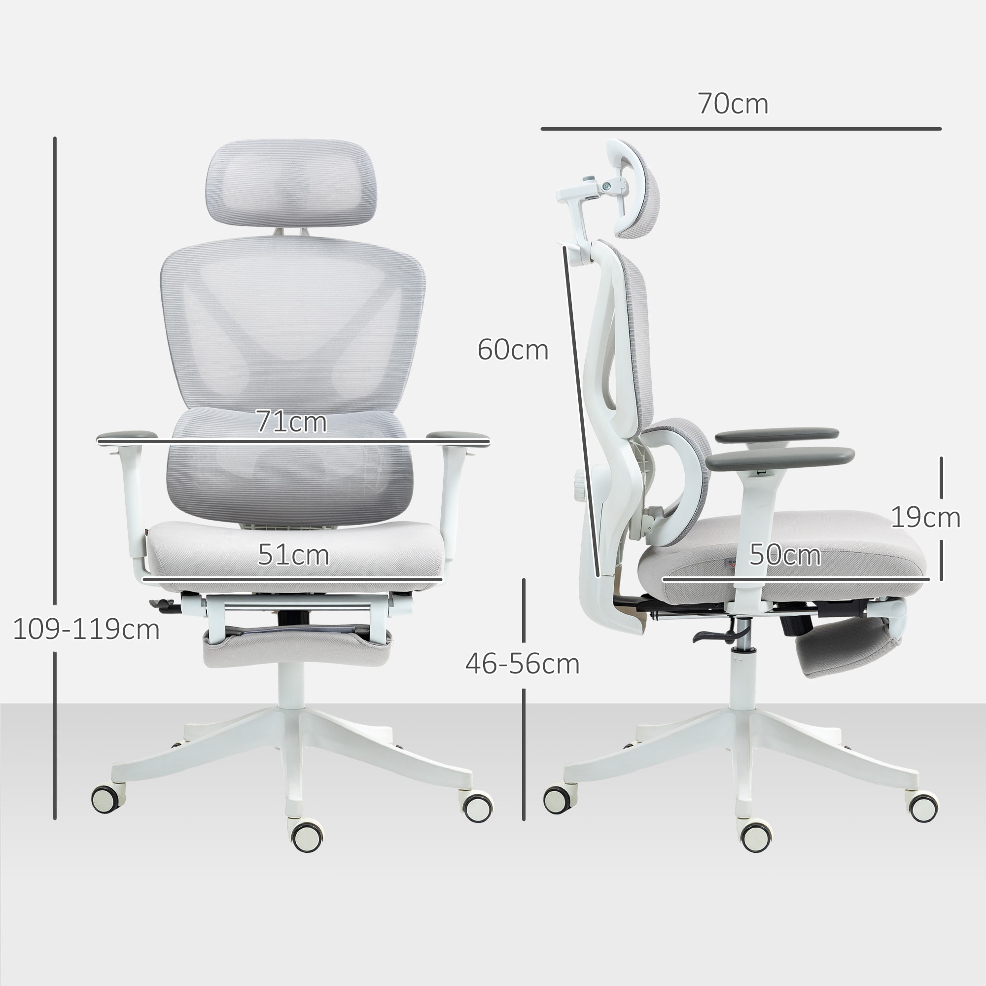 Silla de Escritorio de Malla Silla de Oficina Reclinable con Reposacabezas Giratoria Soporte Lumbar Reposapiés Reposabrazos 3D y Altura Regulable Función Basculante Carga 135 kg Gris