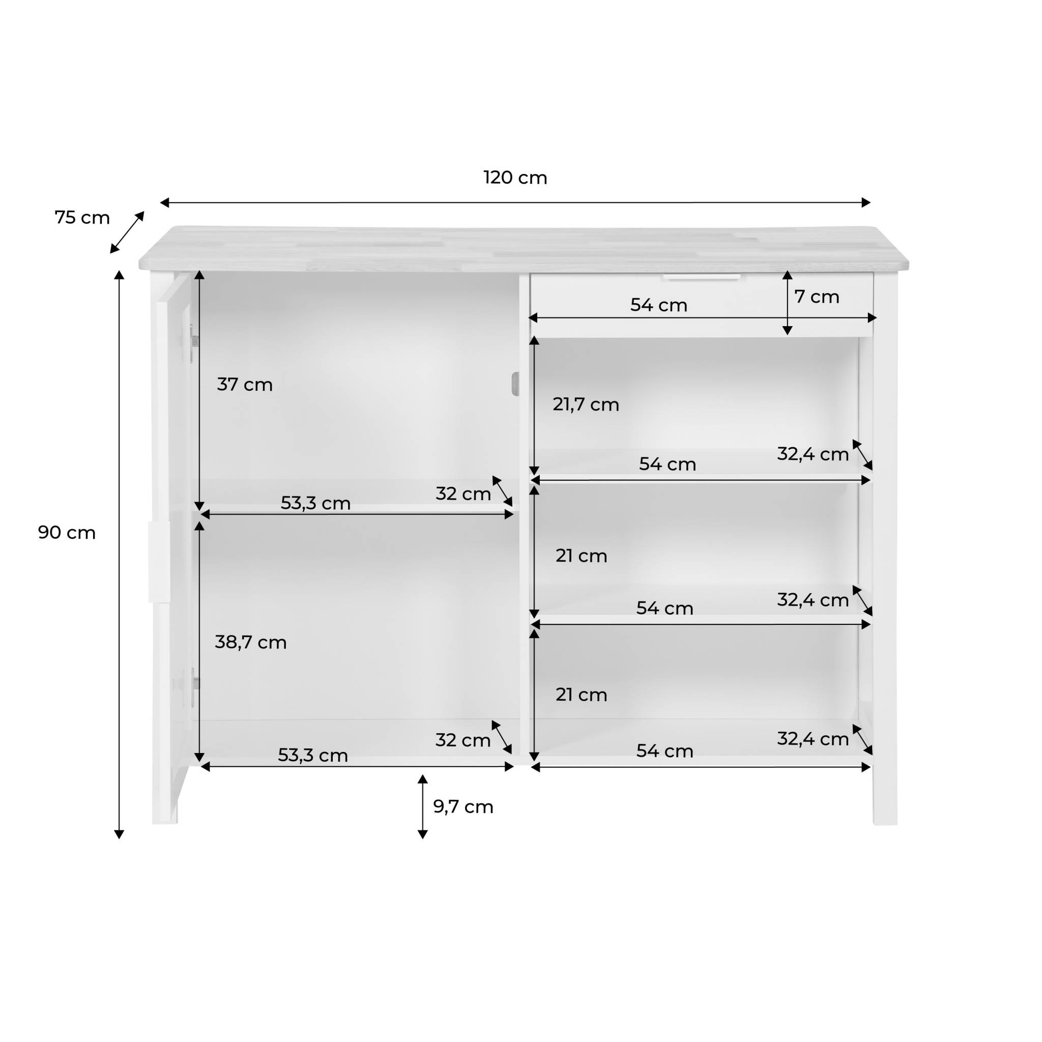 Îlot central de cuisine MOLENE. plateau en bois d'hévéa. 120x75cm. blanc. 5 étagères. 1 porte. 1 tiroir. L 120 x P 75 x H 90cm