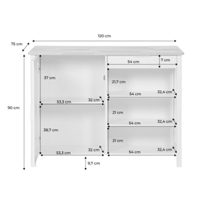 Îlot central de cuisine MOLENE. plateau en bois d'hévéa. 120x75cm. blanc. 5 étagères. 1 porte. 1 tiroir. L 120 x P 75 x H 90cm