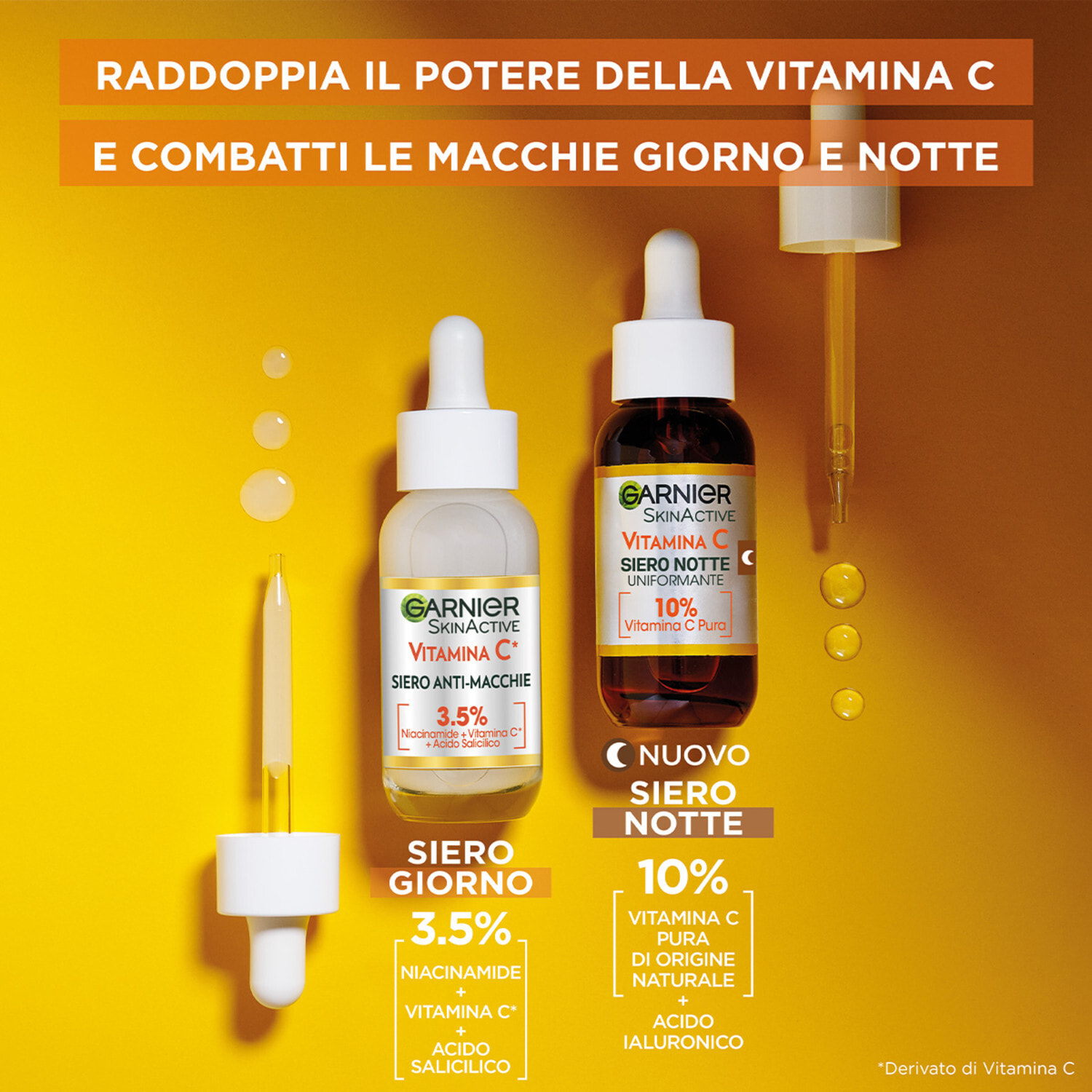 Siero Viso Notte Uniformante Anti-Macchie Illuminante Rivitalizzante Levigante SkinActive Vitamina C con Acido Ialuronico - Flacone da 30ml