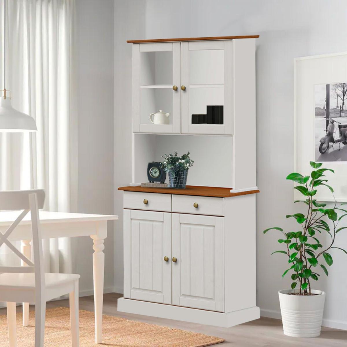 Credenza con vetrina 4 ante e 2 cassetti 88x197 cm in legno bianco/noce