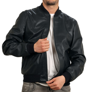 Bomber in pelle di vitello traforato Blu-Slim Fit