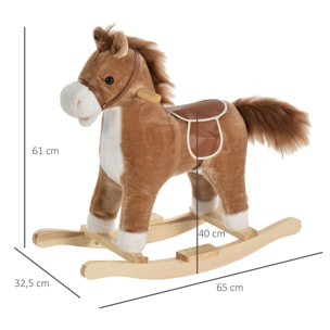 Cheval à bascule selle grand confort peluche courte douce bois peuplier brun dim. 65L x 32,5l x 61H cm