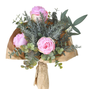 Bouquet Romantico Con Rose. Altezza 30 Cm - Pezzi 3 - 20X30X20cm - Colore: Rosa - Bianchi Dino - Fiori Artificiali