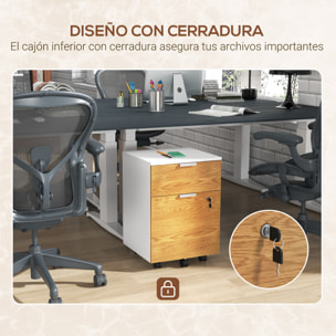 Cajonera de Oficina Mueble Archivador con 4 Ruedas 2 Cajones 2 Barras Colgantes Cerradura y 2 Llaves para Tamaño A4 Carta para Estudio Salón 42x40x60 cm Blanco y Natural