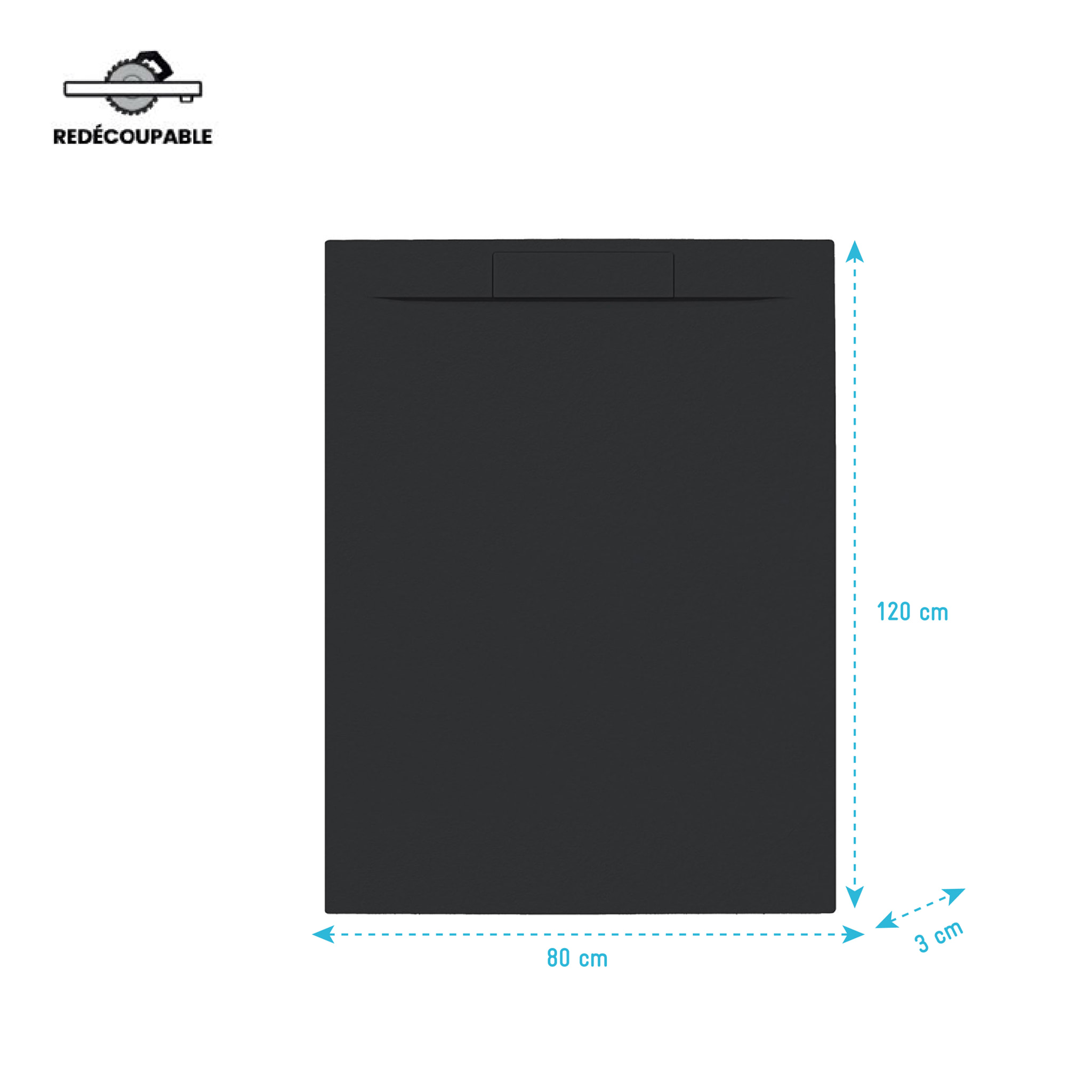 Receveur 120x80x3cm Extra-plat en Polybéton Noir Mat Effet Pierre - Redécoupable - LIANA