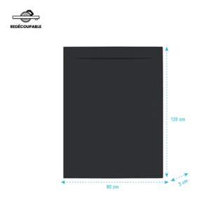 Receveur 120x80x3cm Extra-plat en Polybéton Noir Mat Effet Pierre - Redécoupable - LIANA