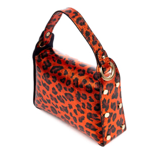 Aquileia bolso de mano mujer. Piel auténtica Gamuza con estampado animal print leopardo lacada brillante.