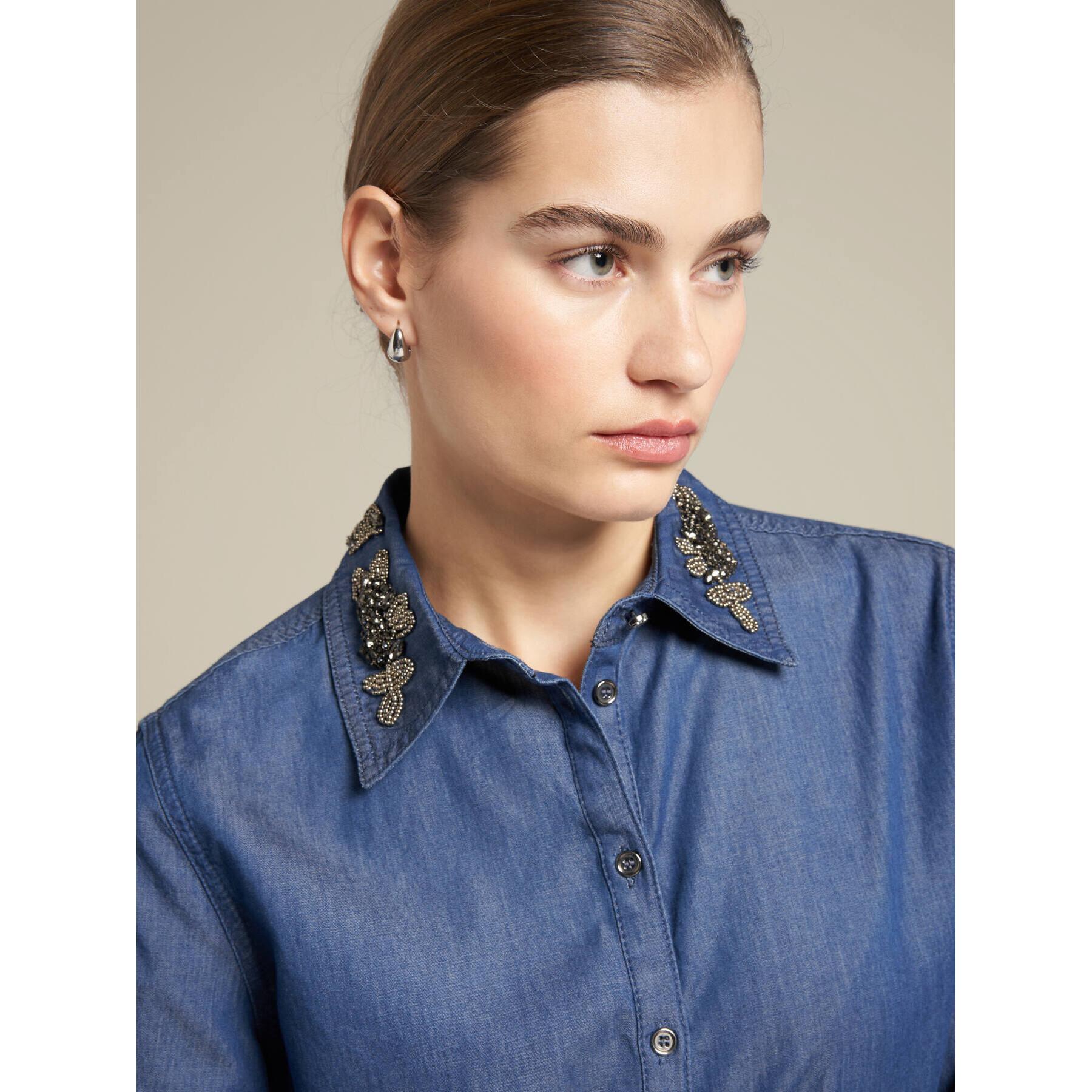 Elena Mirò - Camicia in denim con ricamo a mano sul colletto - Blu