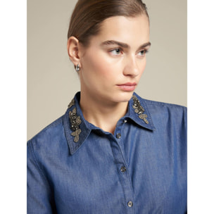 Elena Mirò - Camicia in denim con ricamo a mano sul colletto - Blu