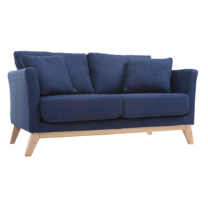 Canapé scandinave déhoussable 2 places en tissu bleu foncé et bois clair OSLO