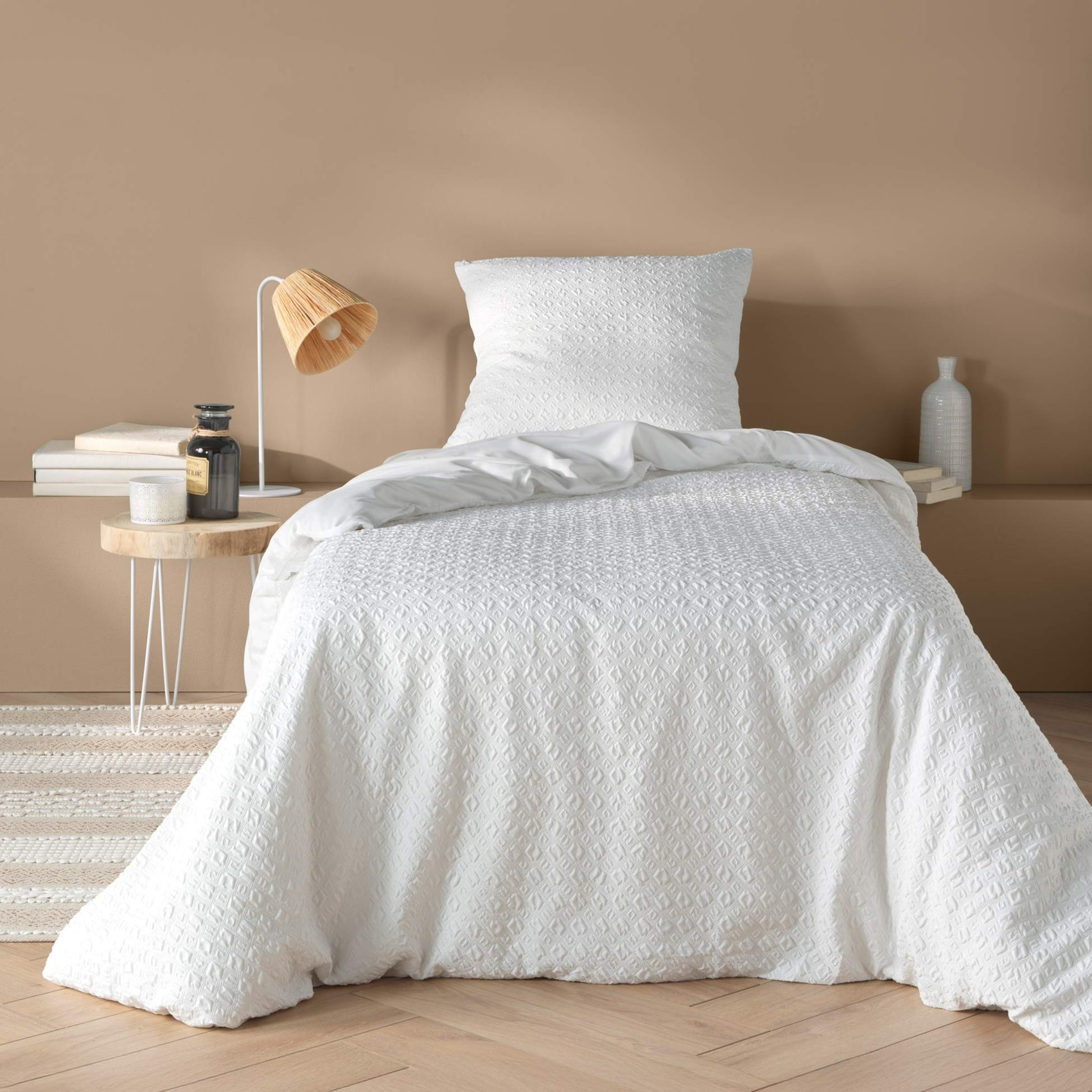 Parure de lit 2 pièces en coton réversible gaufré housse + taie - Blanc