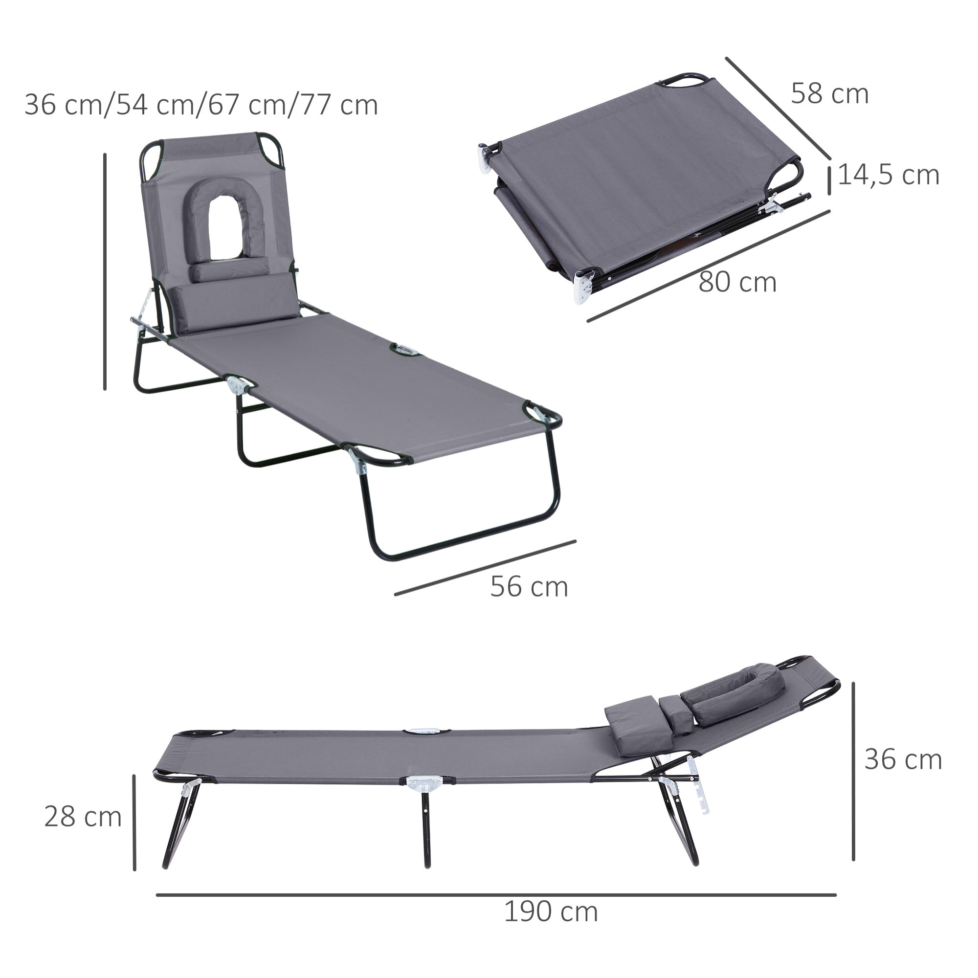 Juego de 2 Tumbonas Plegables Tumbonas de Jardín con Respaldo Ajustable en 4 Posiciones Orificio de Lectura y Almohada para Camping Playa Terraza 190x56x28 cm Gris
