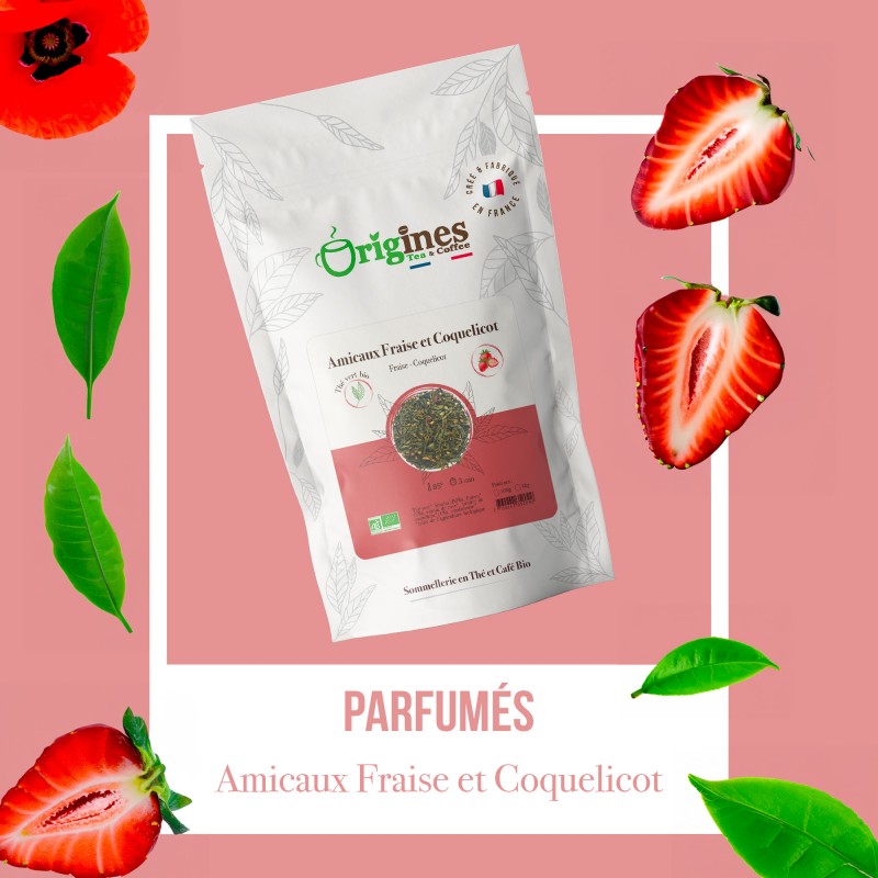 Amicaux Fraise et Coquelicot - Thé Vert Bio Fraise Coquelicot - Sachet 100g