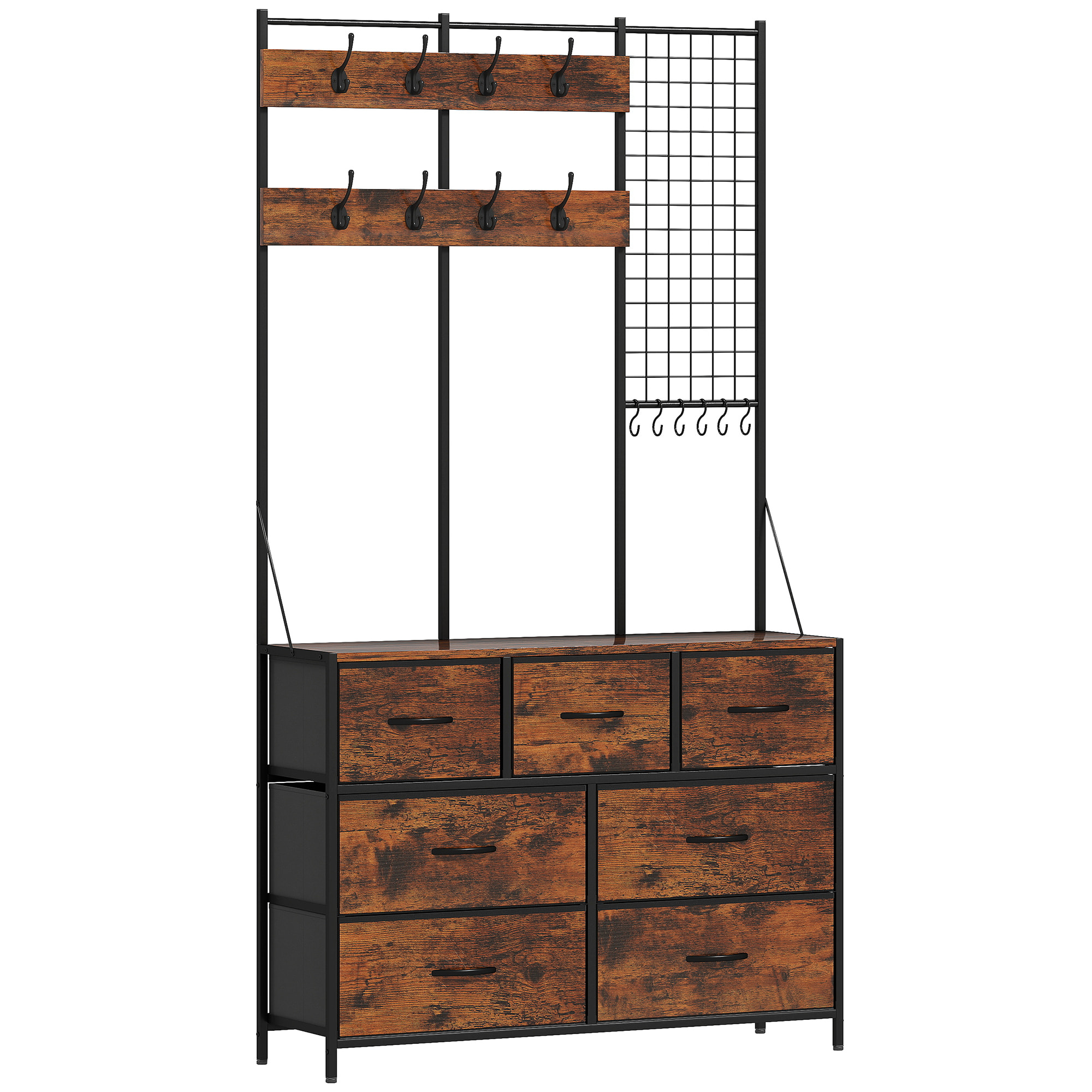 Meuble d'entrée 4 en 1 style industriel multi-rangement métal noir effet bois vieilli