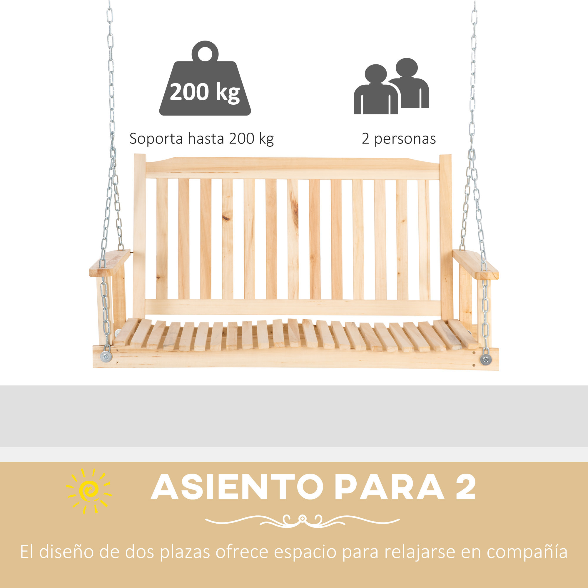 Banco Columpio de Madera de 2 Plazas Banco Balancín Colgante con Reposabrazos Cadenas Ajustables y Diseño Listones Carga 200 kg para Jardín Terraza Balcón 117x69x60 cm Natural