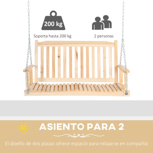 Banco Columpio de Madera de 2 Plazas Banco Balancín Colgante con Reposabrazos Cadenas Ajustables y Diseño Listones Carga 200 kg para Jardín Terraza Balcón 117x69x60 cm Natural