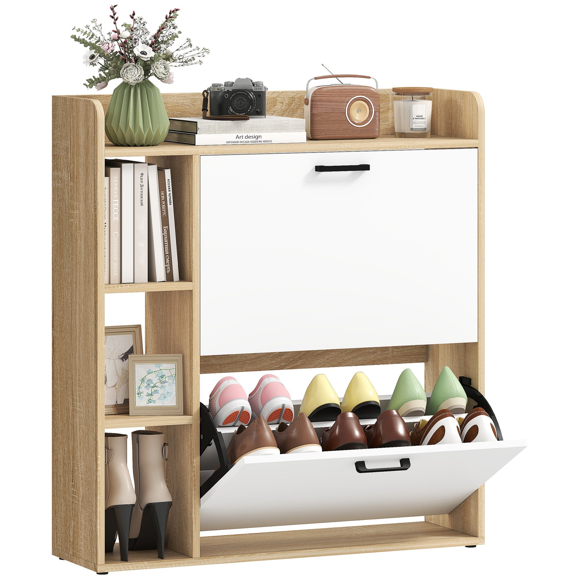 Zapatero Estrecho 2 Puertas, Zapatero Entrada Recibidor con 3 Estantes Laterales y Estantes Ajustables, para 15 Pares de Zapatos, para Pasillo, Espacio Reducido, 83x24x90,5 cm, Natural y Blanco