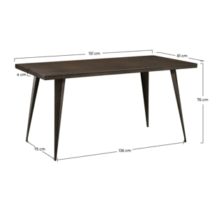 Table rectangulaire 6 personnes en métal gris 150 cm - Indus
