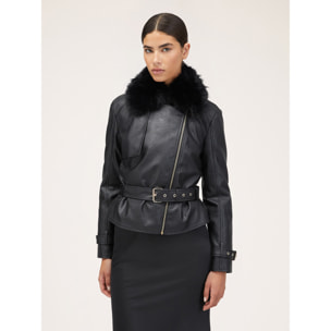 Motivi - Chaqueta motera en tejido revestido con cuello de peluche - Negro