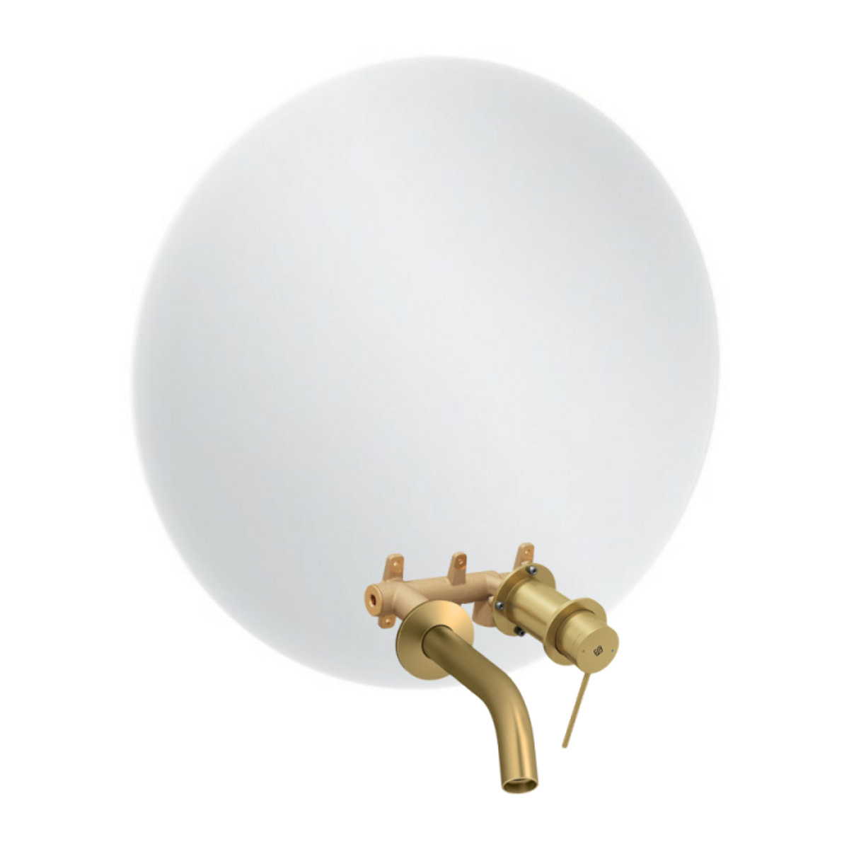 Miroir LED rond 2 trous + mitigeur lavabo encastré Grands Boulevards Laiton brossé + corps encastré