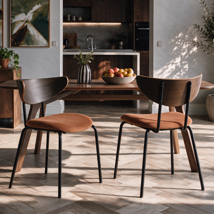 Lot de 2 chaises en velours côtelé terracotta et dossier en bois - Jade