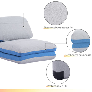 Chauffeuse - matelas d'appoint pliant - fauteuil convertible - inclinaison dossier réglable 5 positions - tissu polyester aspect lin gris clair bleu