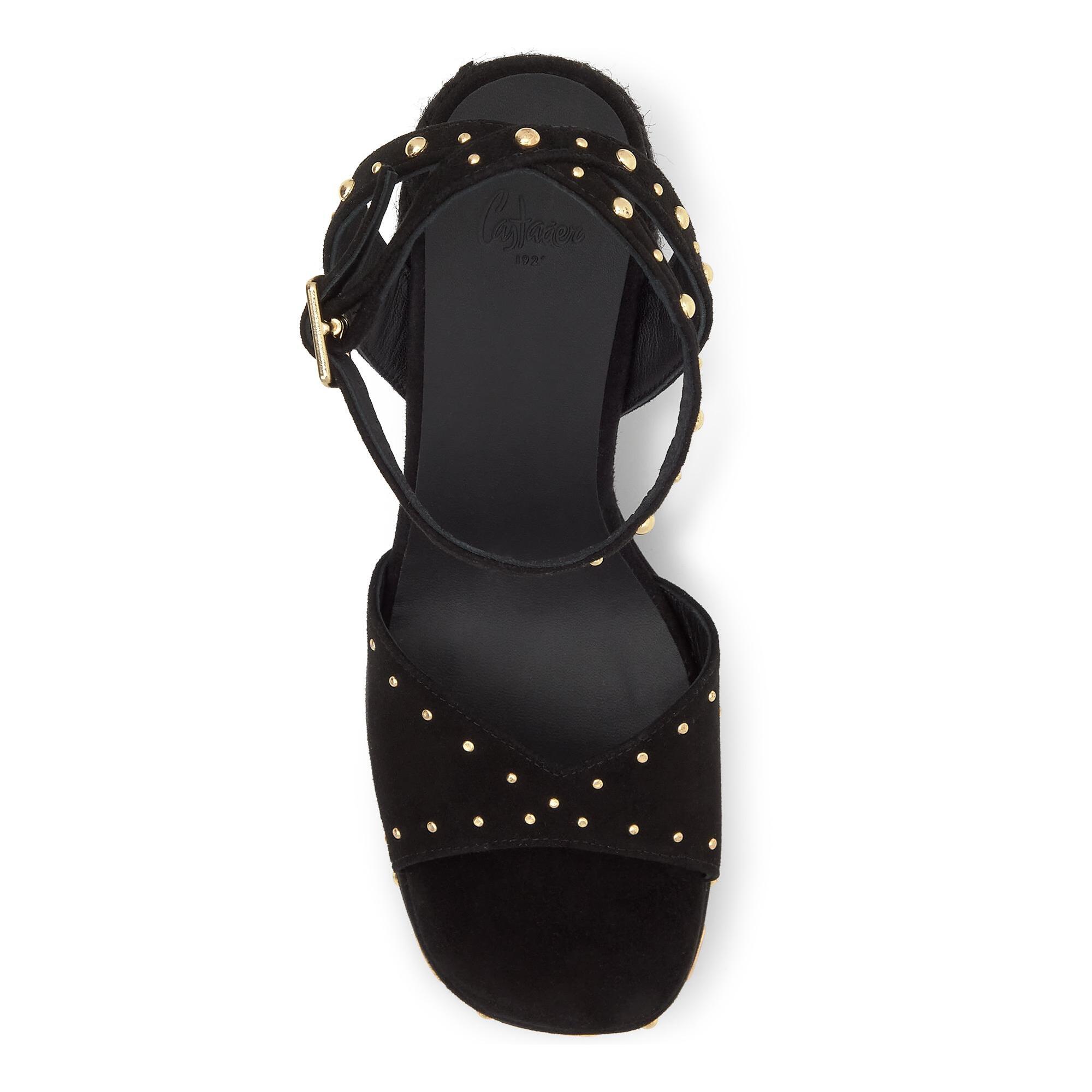 Sandalia Fruamba en ante con tachuelas y tacón de yute tintado