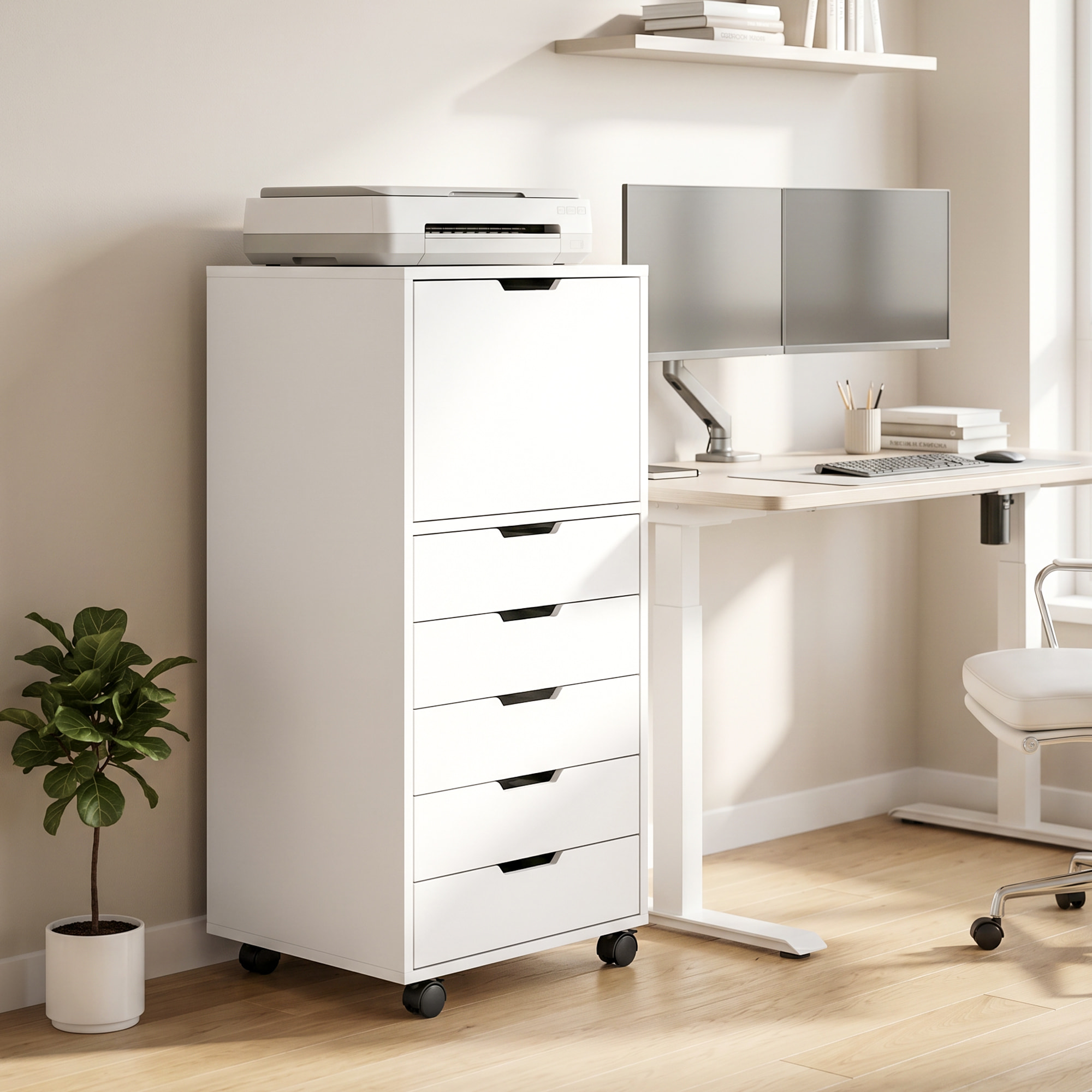 Cajonera Escritorio con 5 Cajones, Cajonera de Oficina con Ruedas y Armario con Cierre Suave, Soporte para Impresora, Mueble Archivador para Oficina en Casa, Blanco