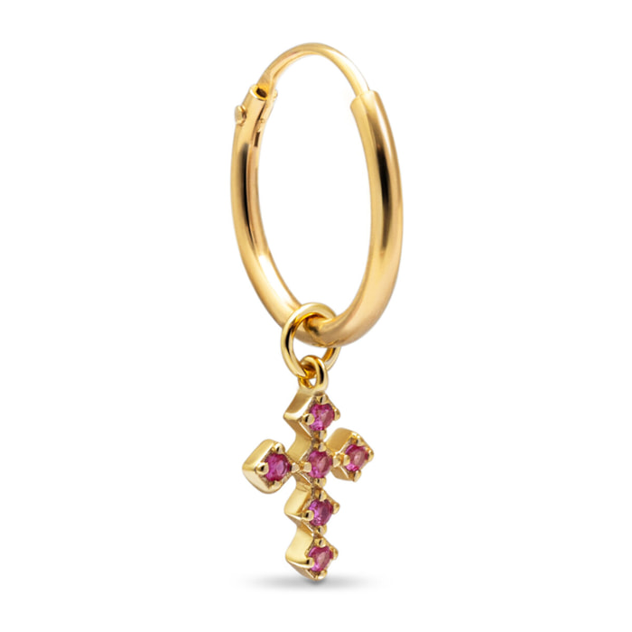 Pendiente Suelto Aro Cruz Rosa Plata Baño Oro