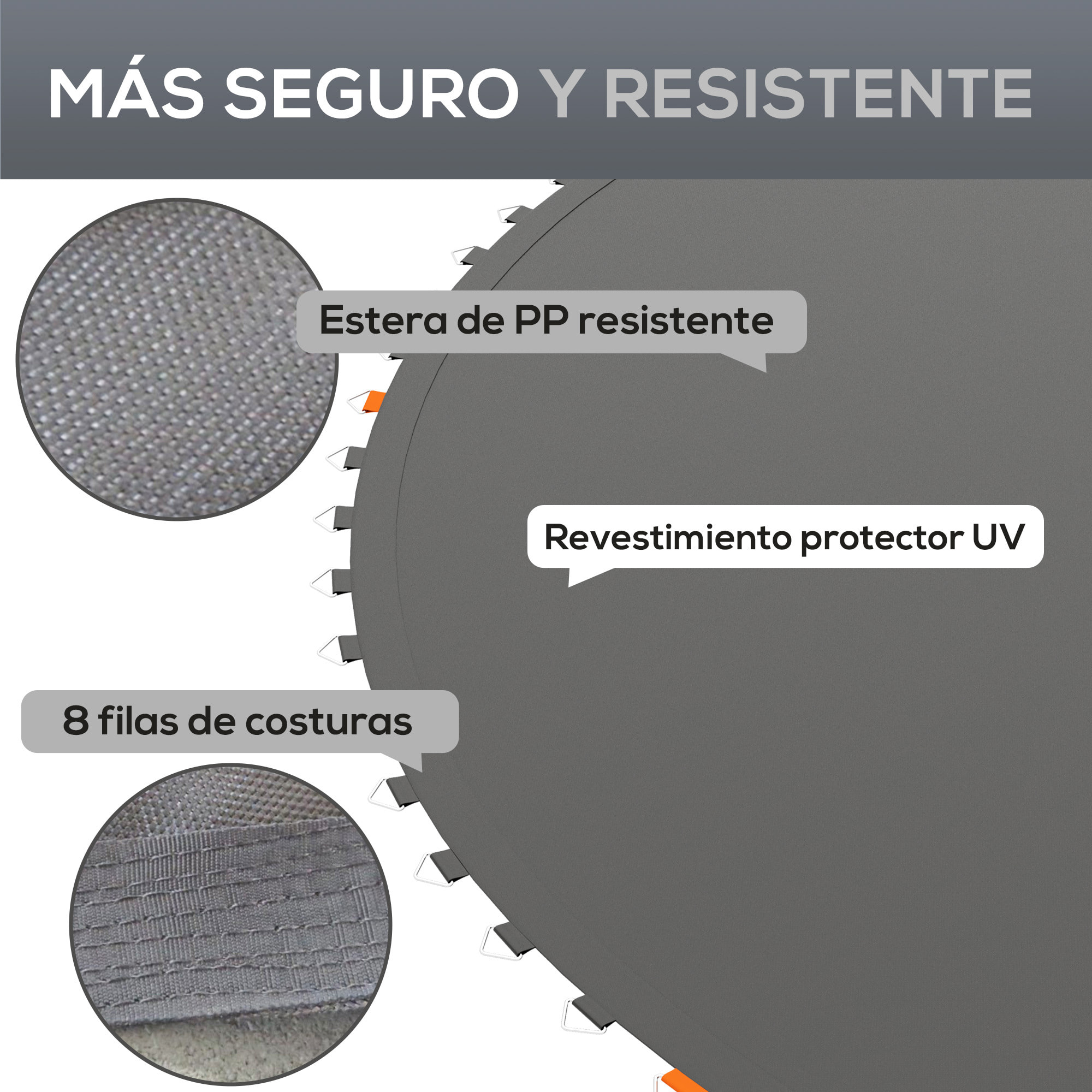 Tapete de Repuesto para Trampolín Ø323 cm Colchoneta para Trampolín de 12 Pies con 72 Ganchos en Forma de V Anti-UV y 8 Filas de Costuras Carga 120 kg Negro