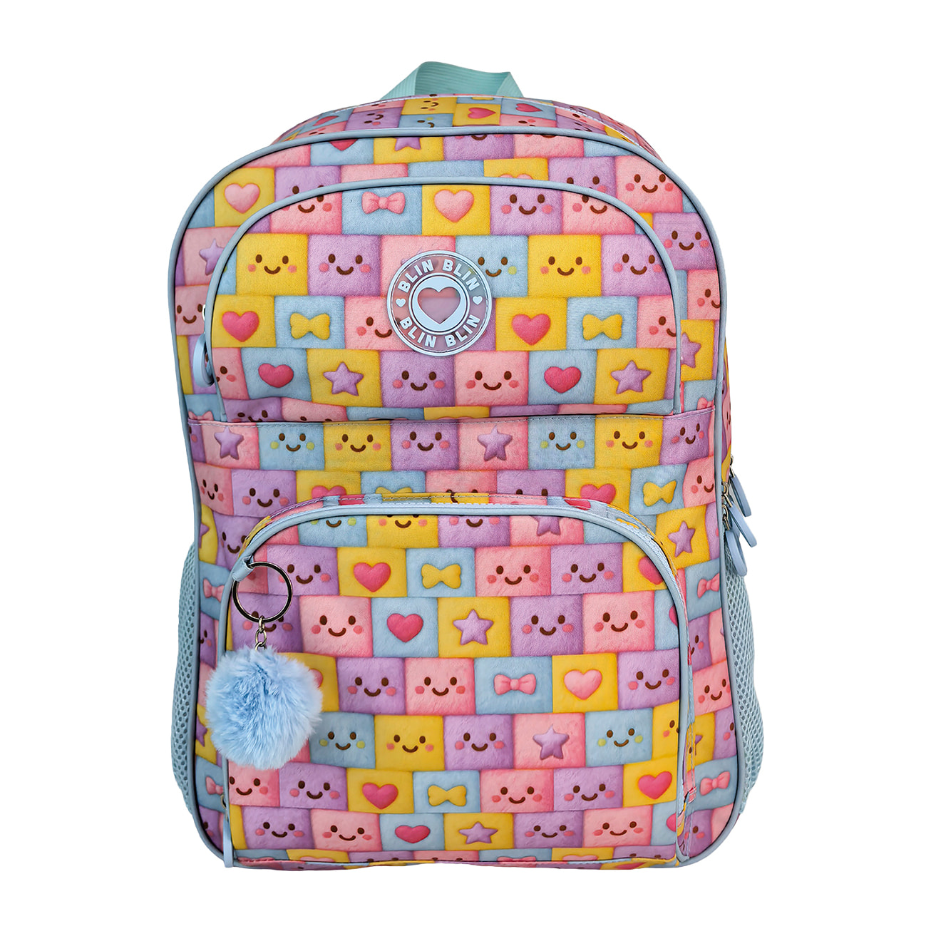 Zaino Primaria Blin Blin Faces a doppio scomparto, di grande capacità e adattabile al carrello. Con accessorio pom pom.