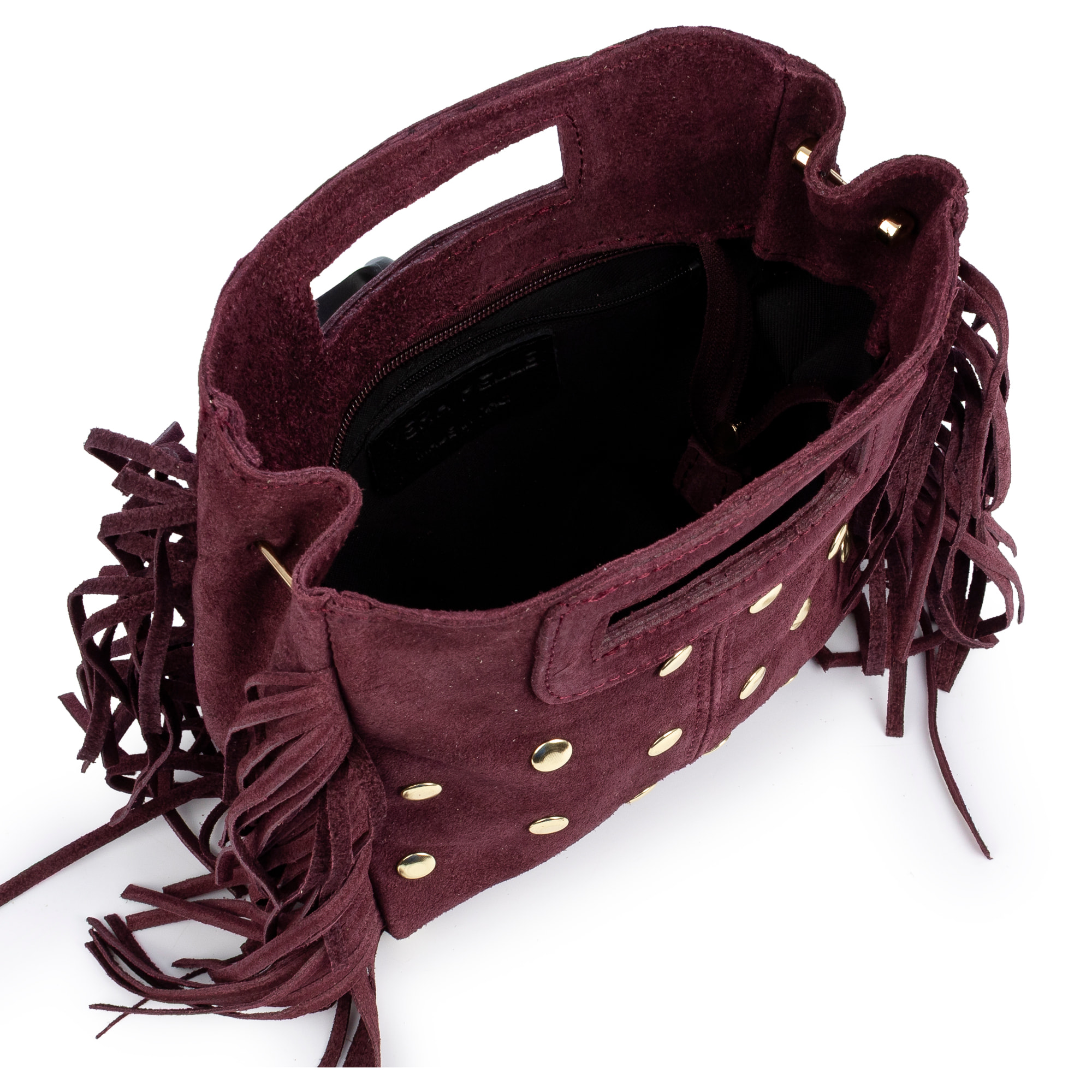 Barbata borsa a tracolla donna. Pelle scamosciata autentica con borchie decorative.