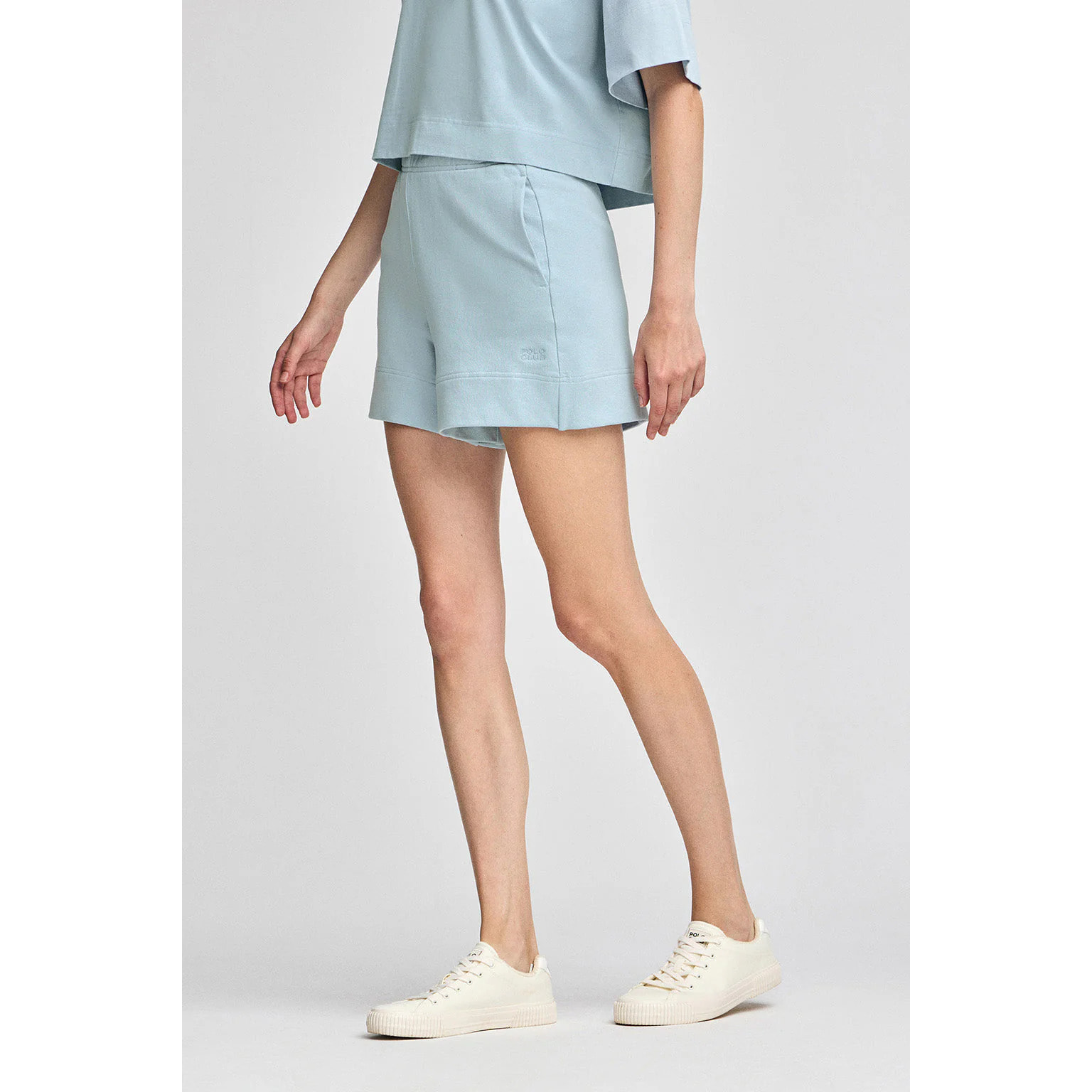 Pantaloncini in cotone blu chiaro con logo ricamato