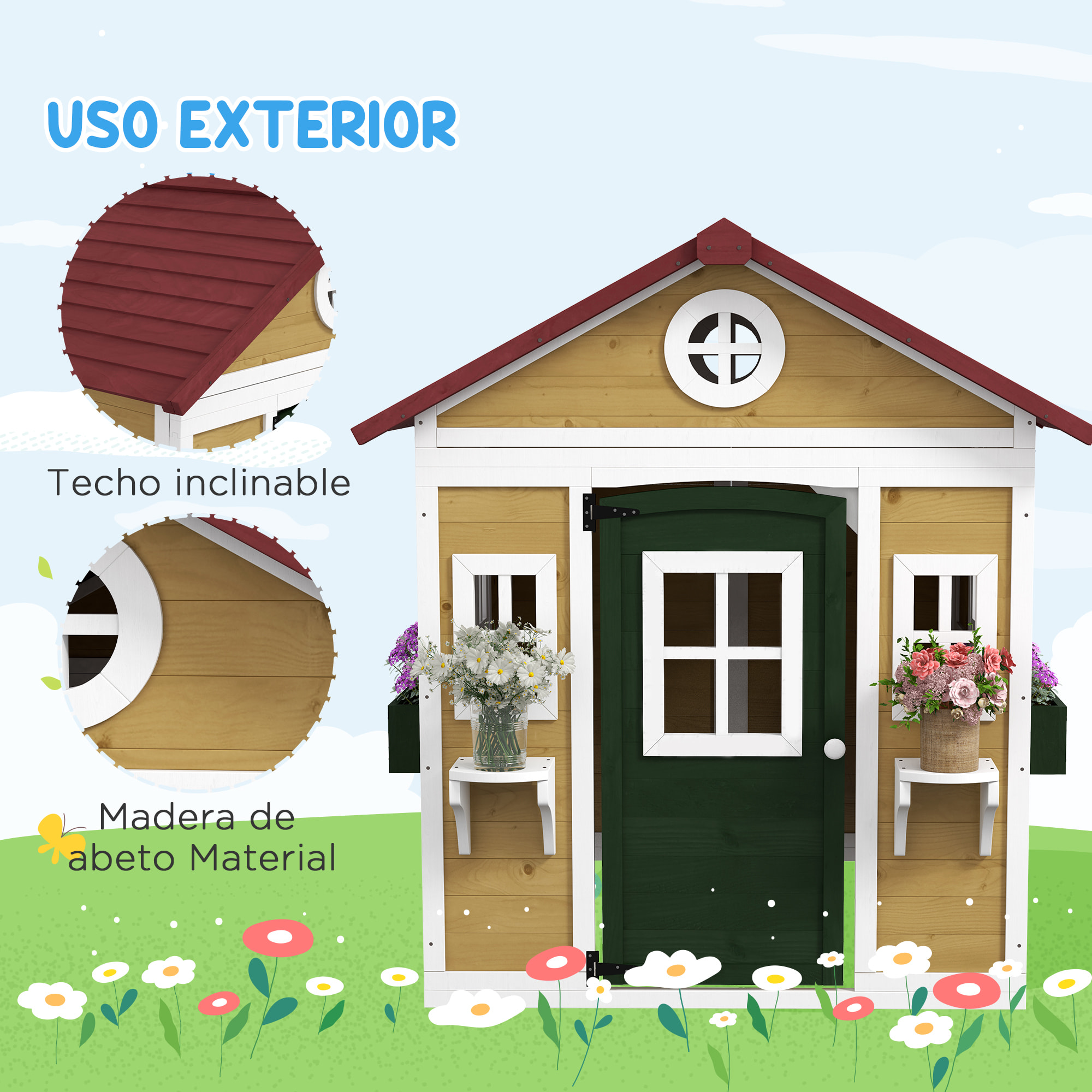 Casa de Jardín Infantil Casa de Madera para Niños con Puerta Ventanas Jardineras y Soportes de Flores 114x126,4x135 cm Madera Natural