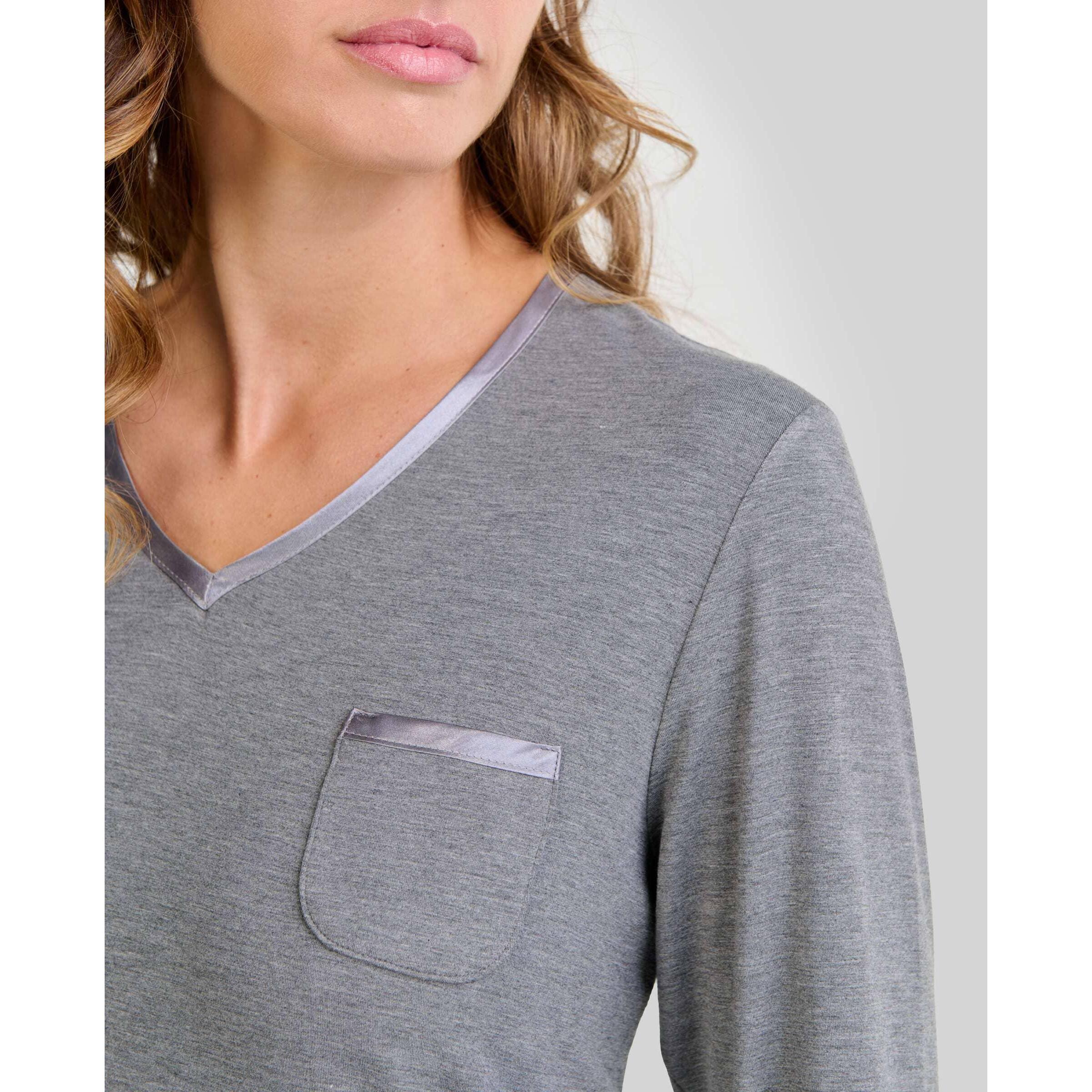 Camisón mujer tejido modal escote en pico con raso bolsillo y manga larga
