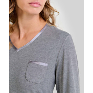 Camisón mujer tejido modal escote en pico con raso bolsillo y manga larga