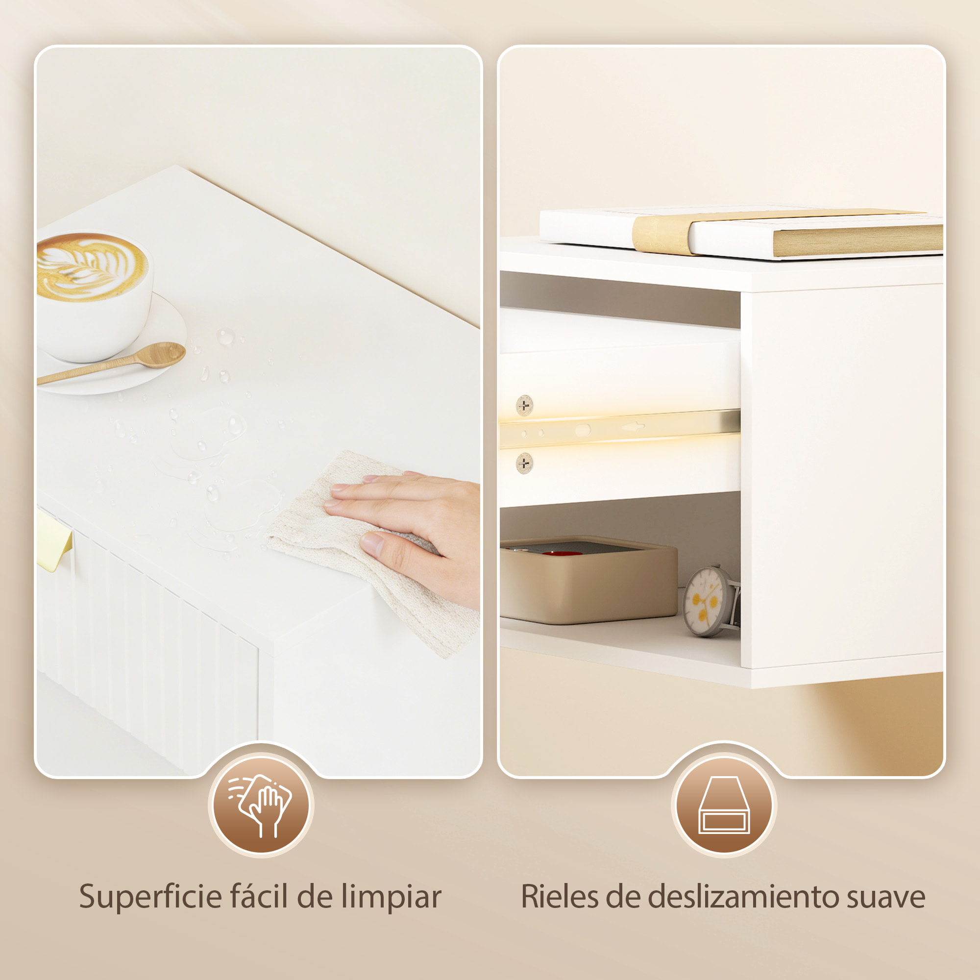 Juego de 2 Mesitas de Noche Flotantes, Mesillas de Noche con Cajón con Frente Ondulado y Estante Abierto, Diseño Moderno, 40x30x25 cm, Blanco