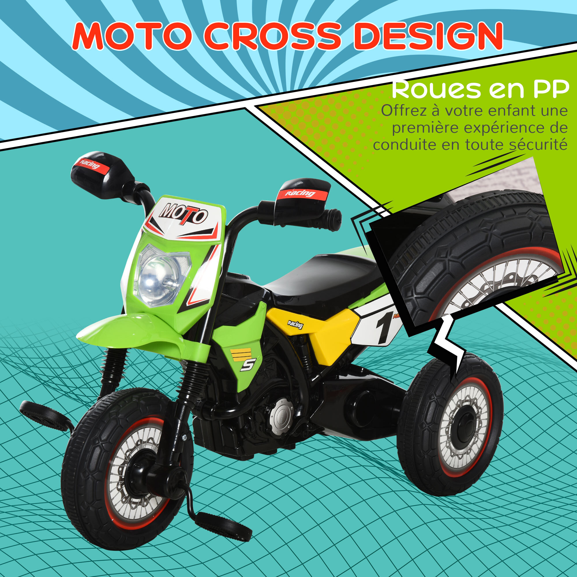 Tricycle enfants moto cross effets musicaux et lumineux coffre rangement