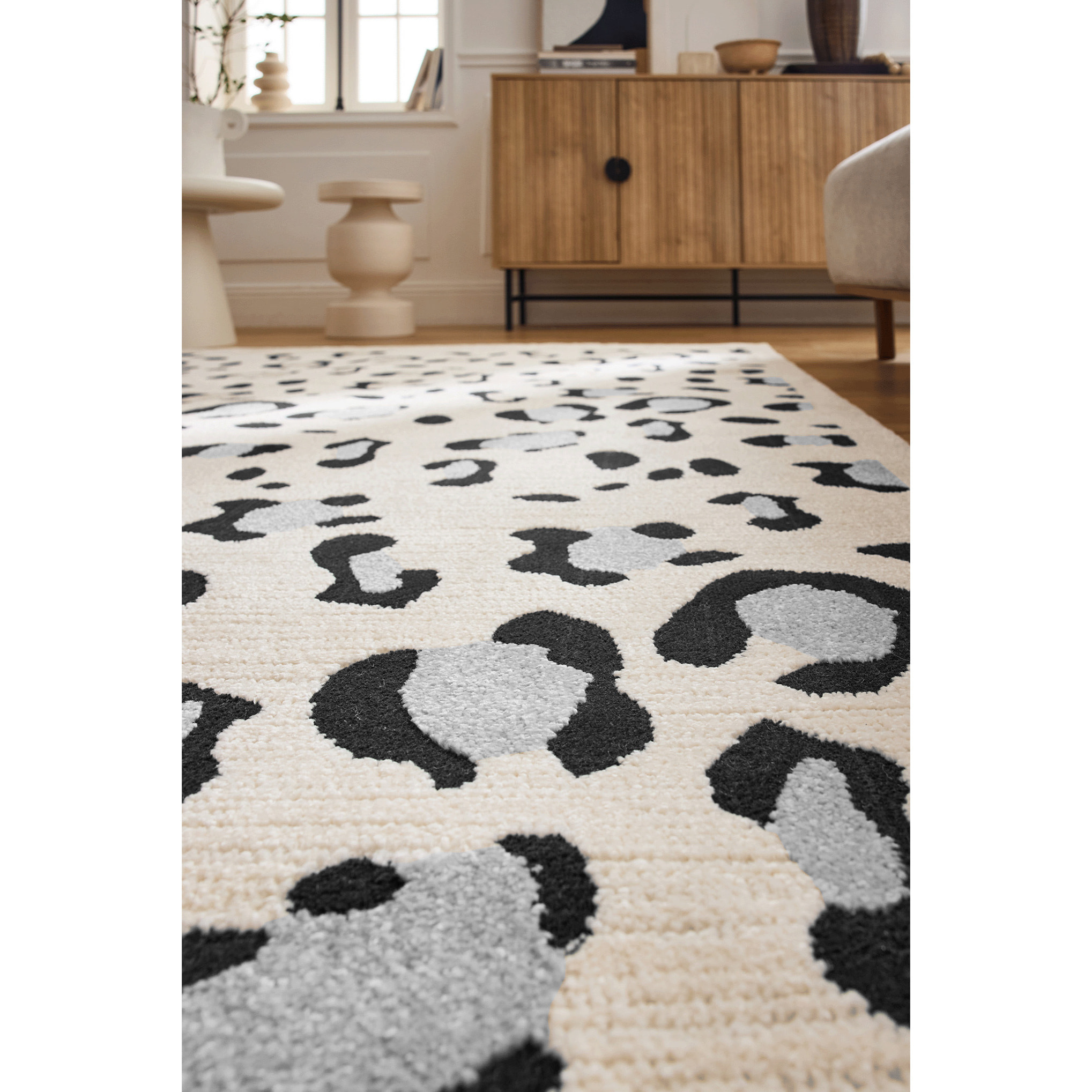 LEOVAH - Tapis salon motif léopard crème