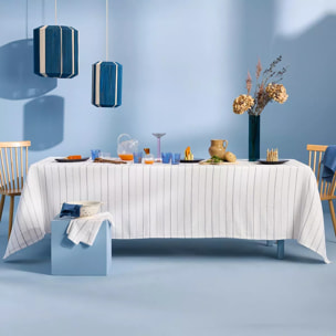 Nappe pur coton lavé motif jacquard blanc bleu Rimini blu