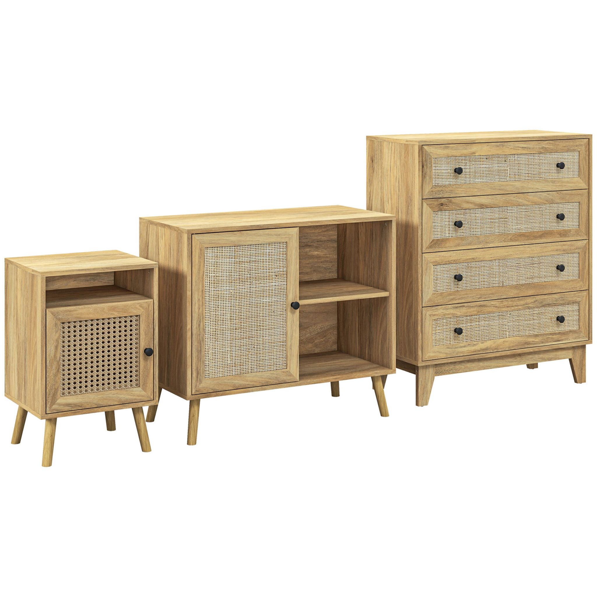 Conjunto para el Hogar Incluye 1 Cómoda con 4 Cajones 1 Aparador y 2 Mesitas de Noche con Puerta de Ratán Sintético Estilo Cannage Natural