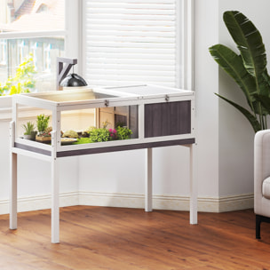 Casa para Tortugas de Madera, Terrario para Reptiles con 2 Techos Abatibles, Bandeja Extraíble, Soporte para Lámpara, Paneles Transparentes, Pestillo de Seguridad y Cuenco, Caseta para Tortugas