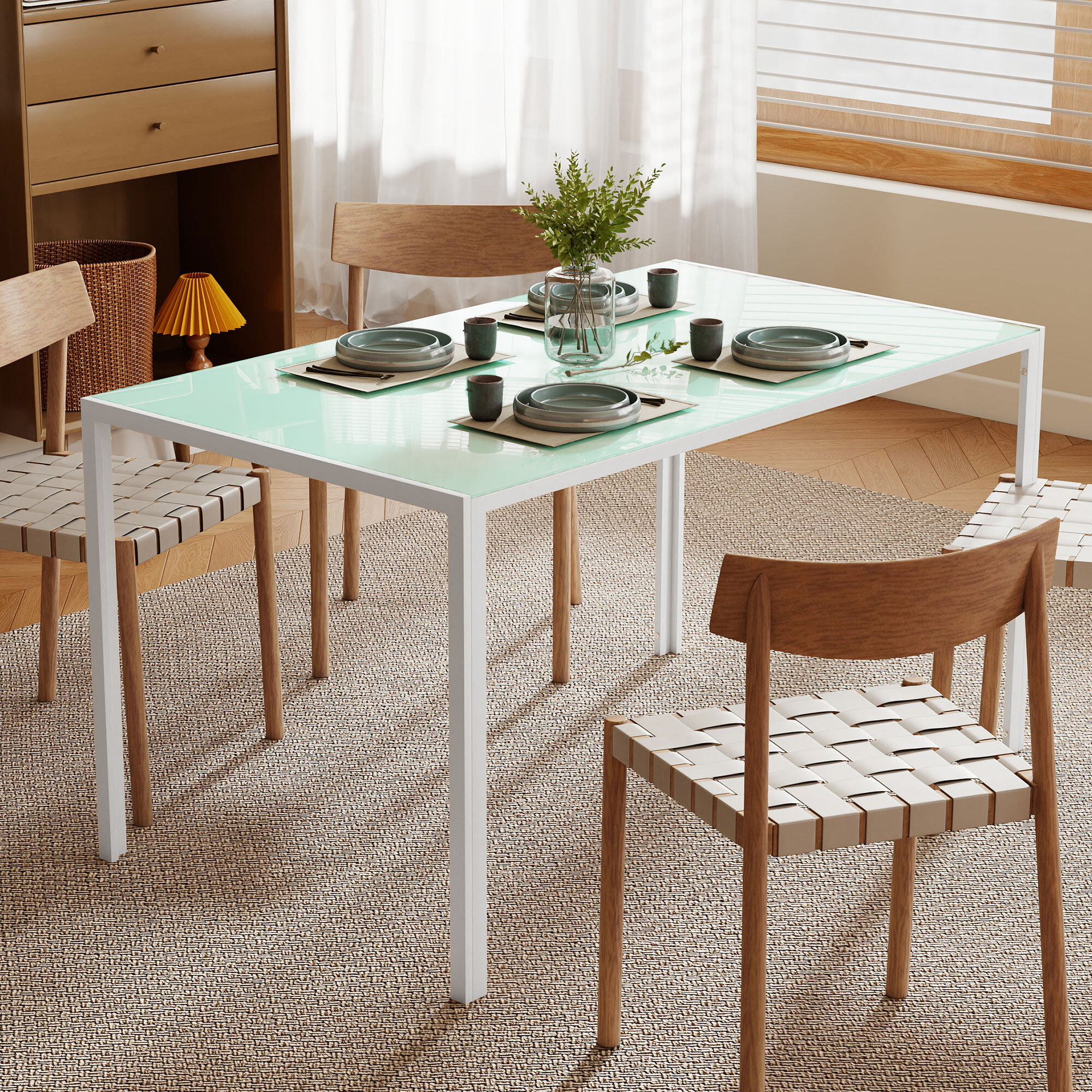 Mesa de Comedor de Cristal, Mesa Rectangular para 6 Personas con Patas de Metal, para Cocina, Salón, 140x80x75 cm, Blanco