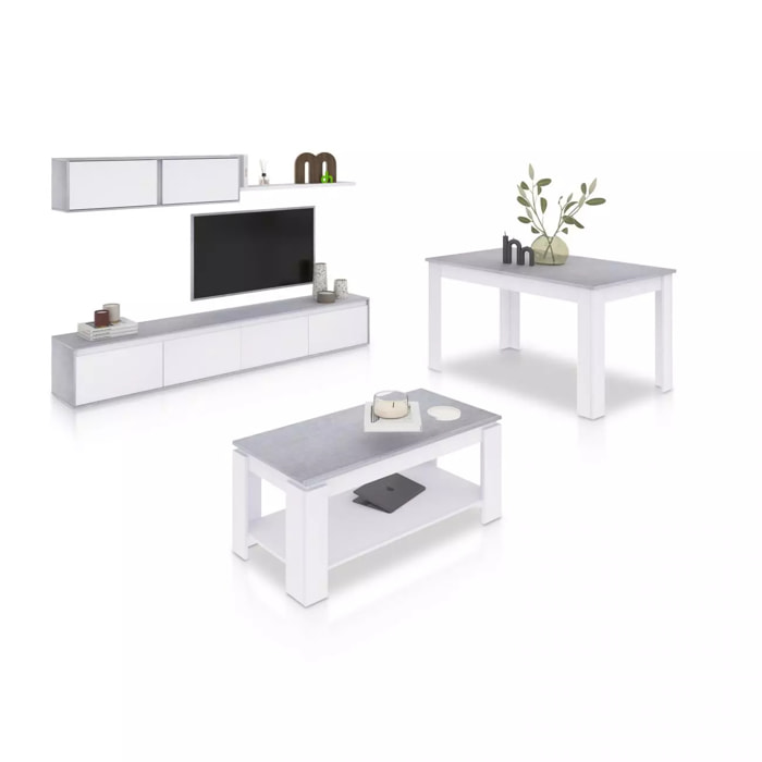 Pack salón con mesa de centro y mesa de comedor Arlet Max Blanco Artik (Blanco Mate) - Gris Cemento