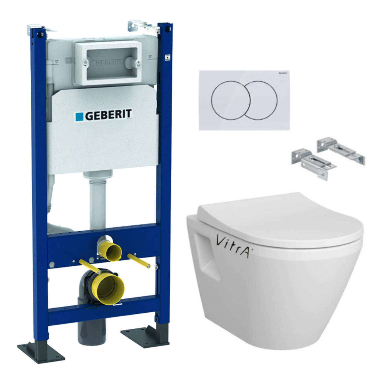 Pack WC suspendu complet Geberit Duofix autoportant, WC VitrA Integra, abattant SoftClose, plaque blanche