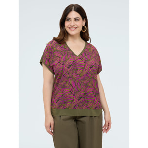 Fiorella Rubino - T-shirt bimaterica con stampa e maniche kimono - Verde militare