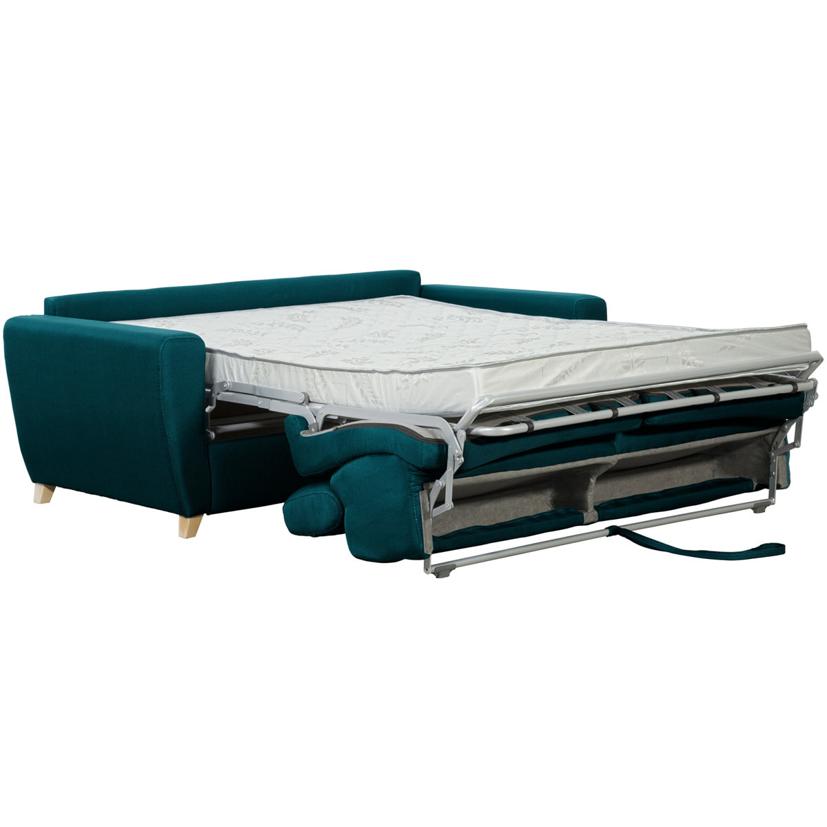 Canapé convertible avec têtières ajustables 3 places en tissu bleu paon et bois clair avec matelas 13 cm GOYA