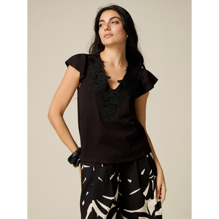 Oltre - T-shirt con ricamo in pizzo - Nero