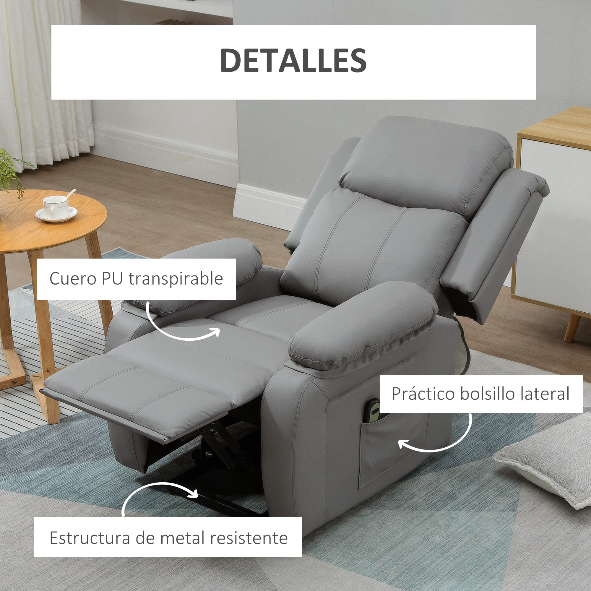 Sillón Relax Levanta Personas Auto-Ayuda con Control Remoto Reclinación Eléctrica 160° Reposapiés Respaldo Tapizado en PU y Bolsillos Laterales 76x90x105 cm Gris